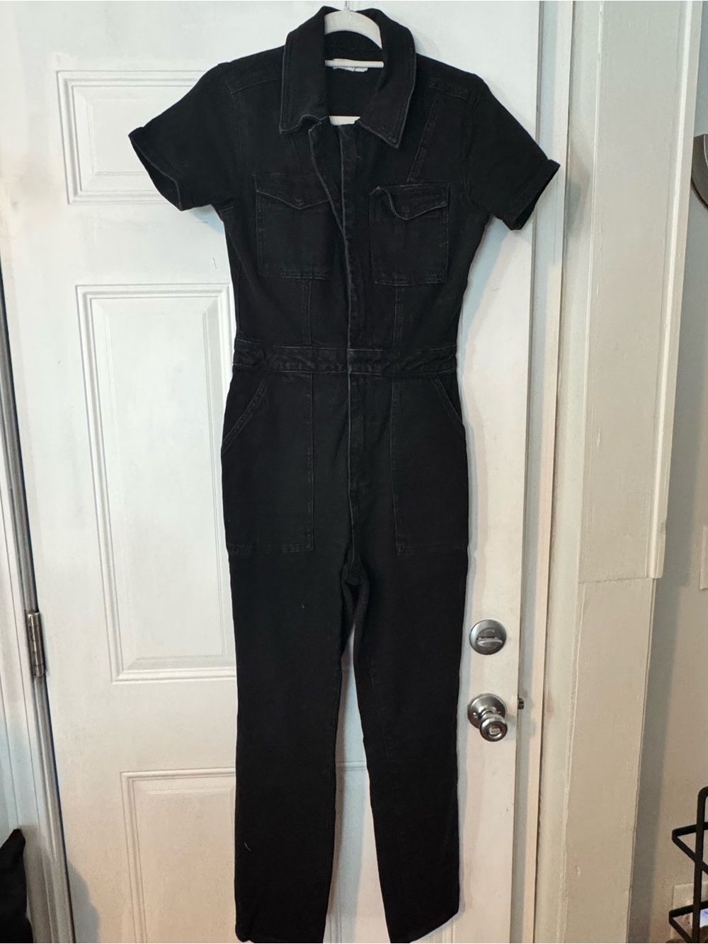Good American Black Fit For Success Short-Sleeve Collared Utility Jumpsuit